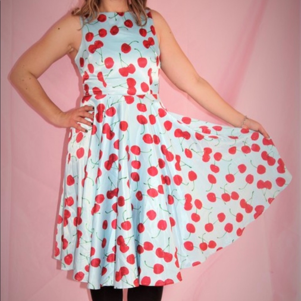 Blue Cherry Print Vintage Swing Pinup Dress